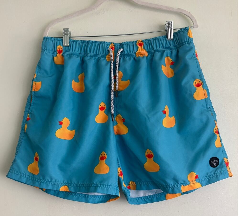 Molokai Surf Co Rubber Ducky Print Swim Trunks L Blue Yellow Duck Bathing Suit
